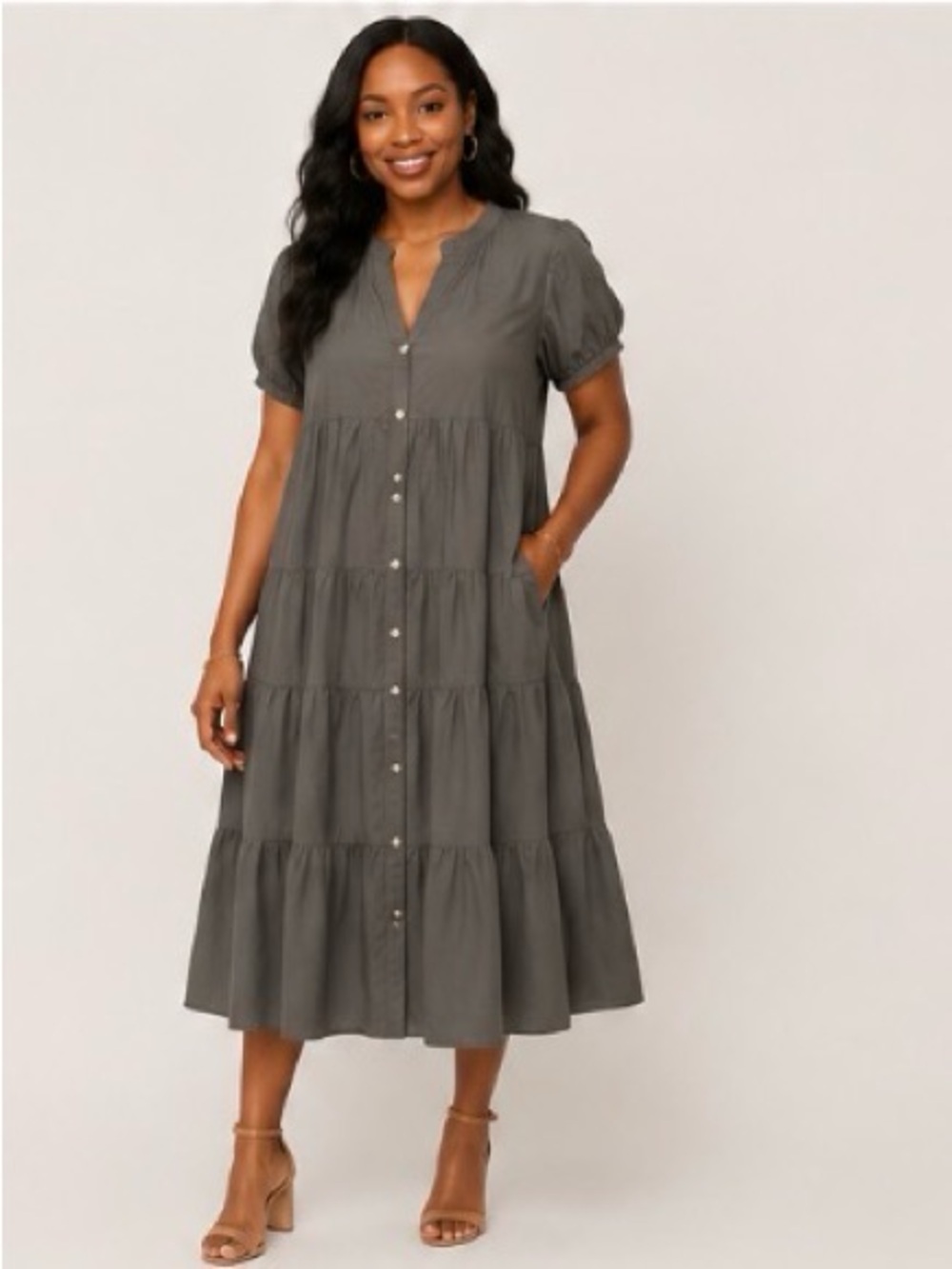 Button-Front Tiered Midi Dress in Charcoal Gray
